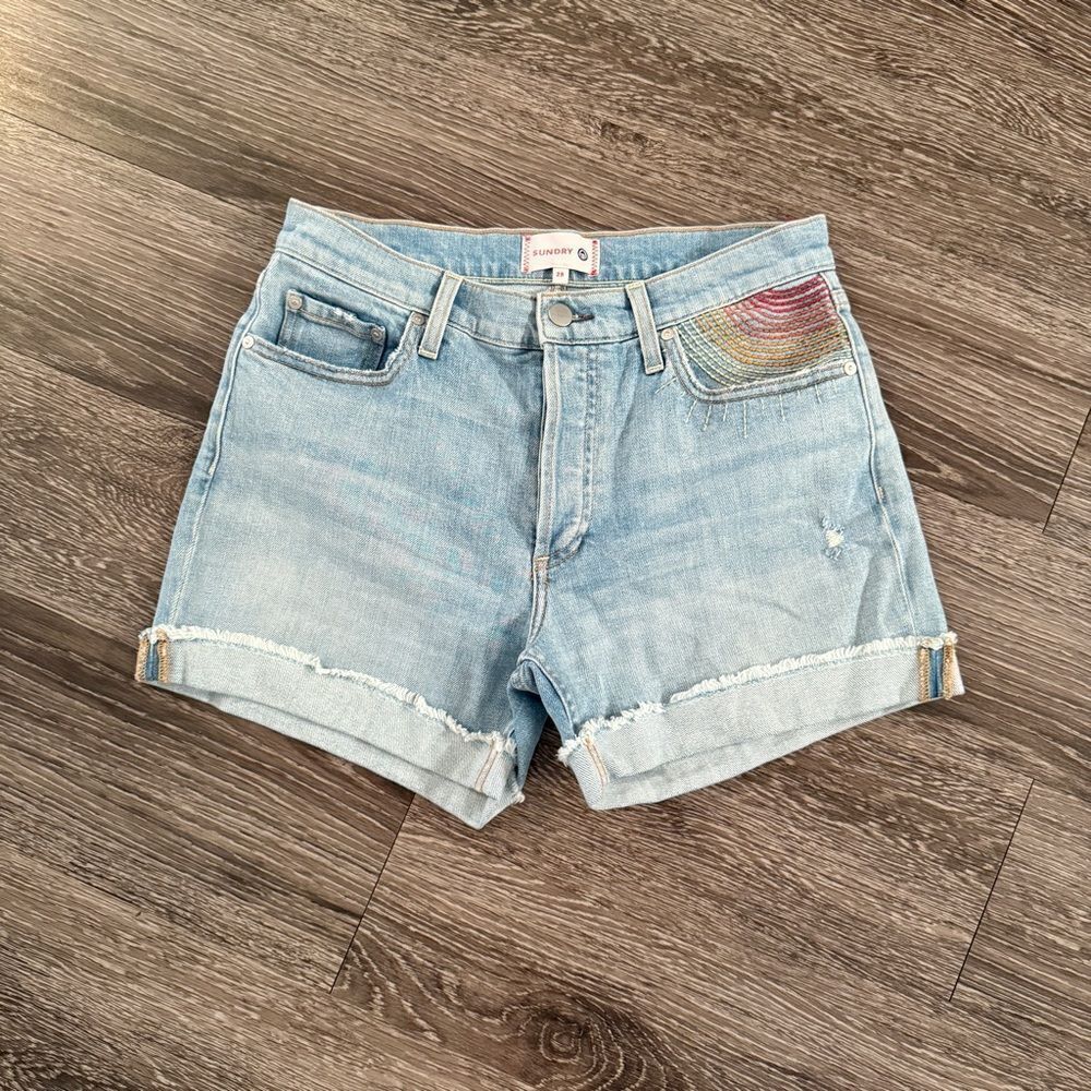 Sundry Light Denim Rolled Cuff Shorts Embroidered Pocket